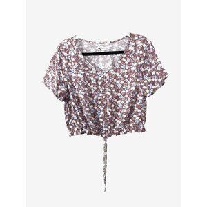 Y2K Floral L Crop Top Cottagecore Coquette Adjustable Ruched Hem Soft Girl Dream